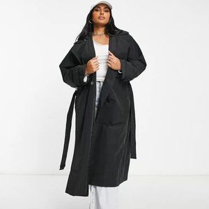 NWT ASOS Curve Size 16 Trench coat with Faux Leather hood BLACK